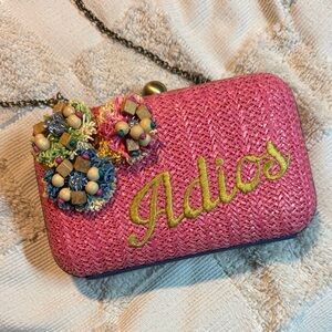 Miss Albright Pink Embroidered 'Adios' Straw Clutch with Beaded Floral Accents